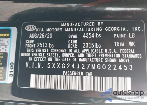 2021 Kia K5 Lx из США, поврежденный, VIN 5XXG24J27MG022453